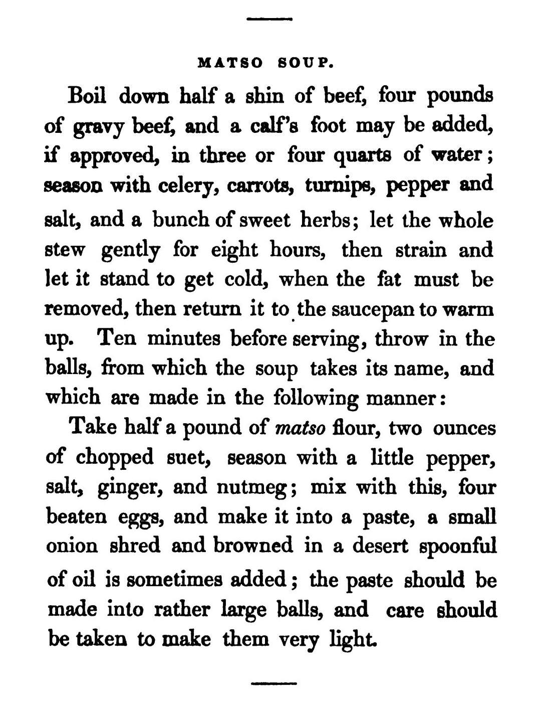 Matso Soup recipe from The Jewish Manual (1846)