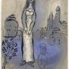 Lithograph of Chagall's "Esther," showing a finely-dressed woman standing outdoors, a city behind her, a bearded man at her side